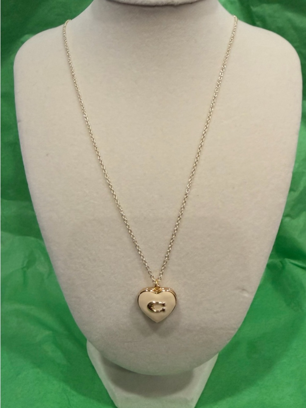 Coach Gold-Tone Heart  Locket Necklace with Cream Enamel. New